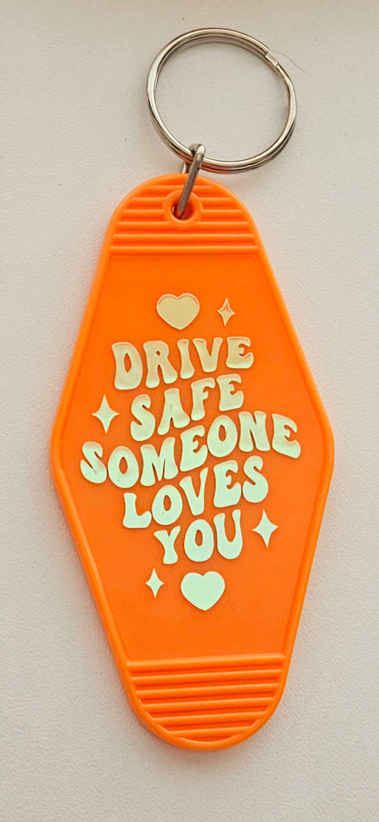 Drive Safe Motel style keyring
